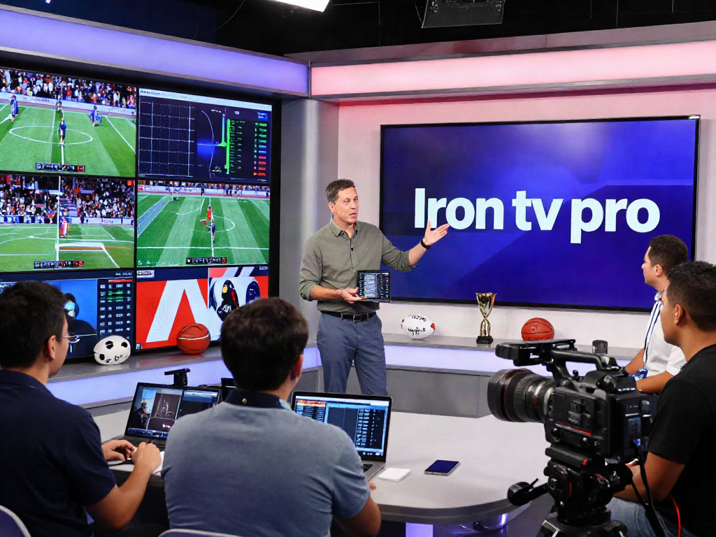 Iron tv pro sports broadcasting team analyzing the latest technology developments in a vibrant studio.