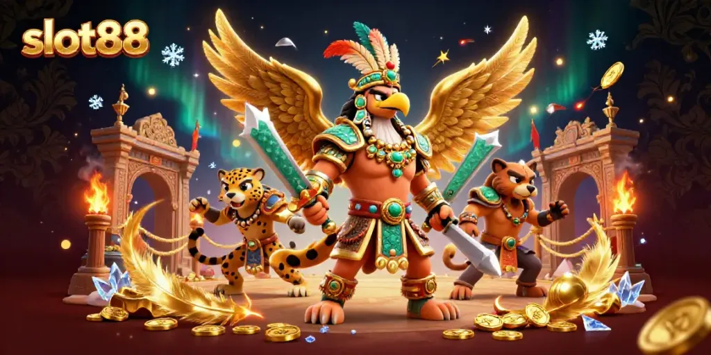 Experience slot88 excitement with dynamic gaming characters in an energetic Aztec-themed casino scene.