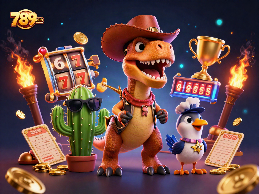 Experience thrilling gameplay with 789club's vibrant slot machines and dynamic characters in a 3D illustration.
