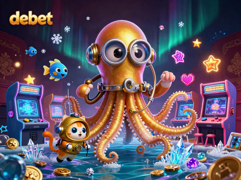 Experience debet with a colossal kraken and diving cat in a vibrant 3D casino scene.