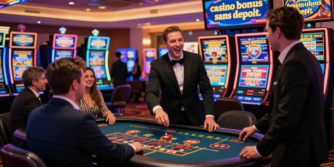 Scène de casino animée avec un joueur profitant d'un casino bonus sans dépôt.