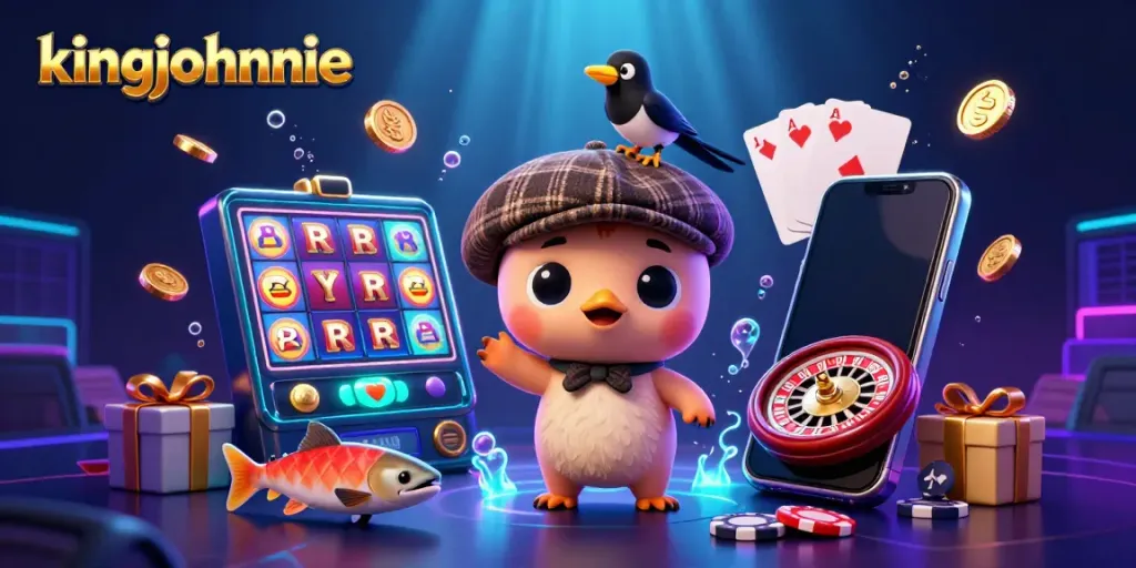 Engage with kingjohnnie's vibrant casino scene featuring a playful Nessie and gold-obsessed magpie amidst dynamic gaming elements.