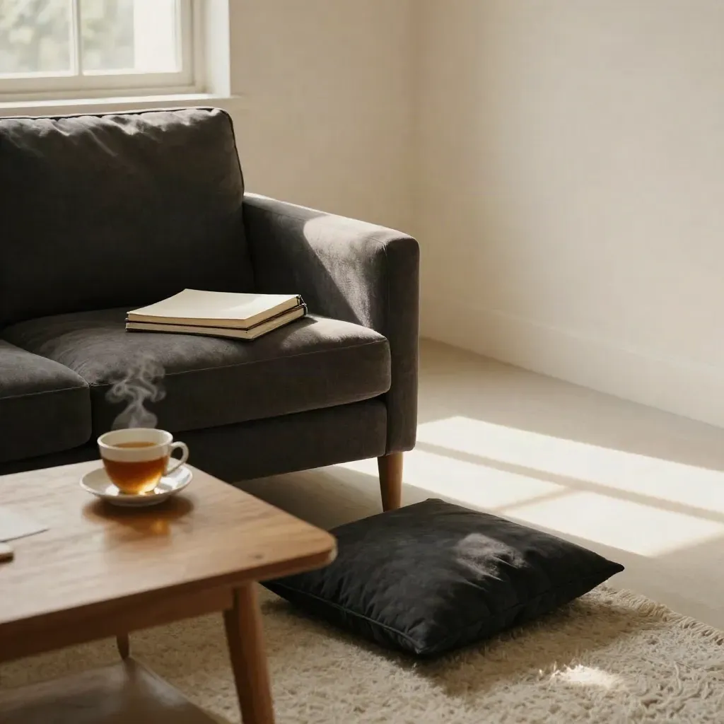 Coin coaching apaisé avec fauteuil, tisane et plaid dans un salon lumineux.