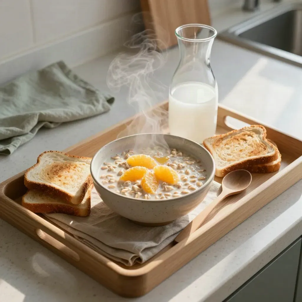Petit-déjeuner simple sur travertin, vapeur légère, agrumes, pain grillé et carafe de verre.