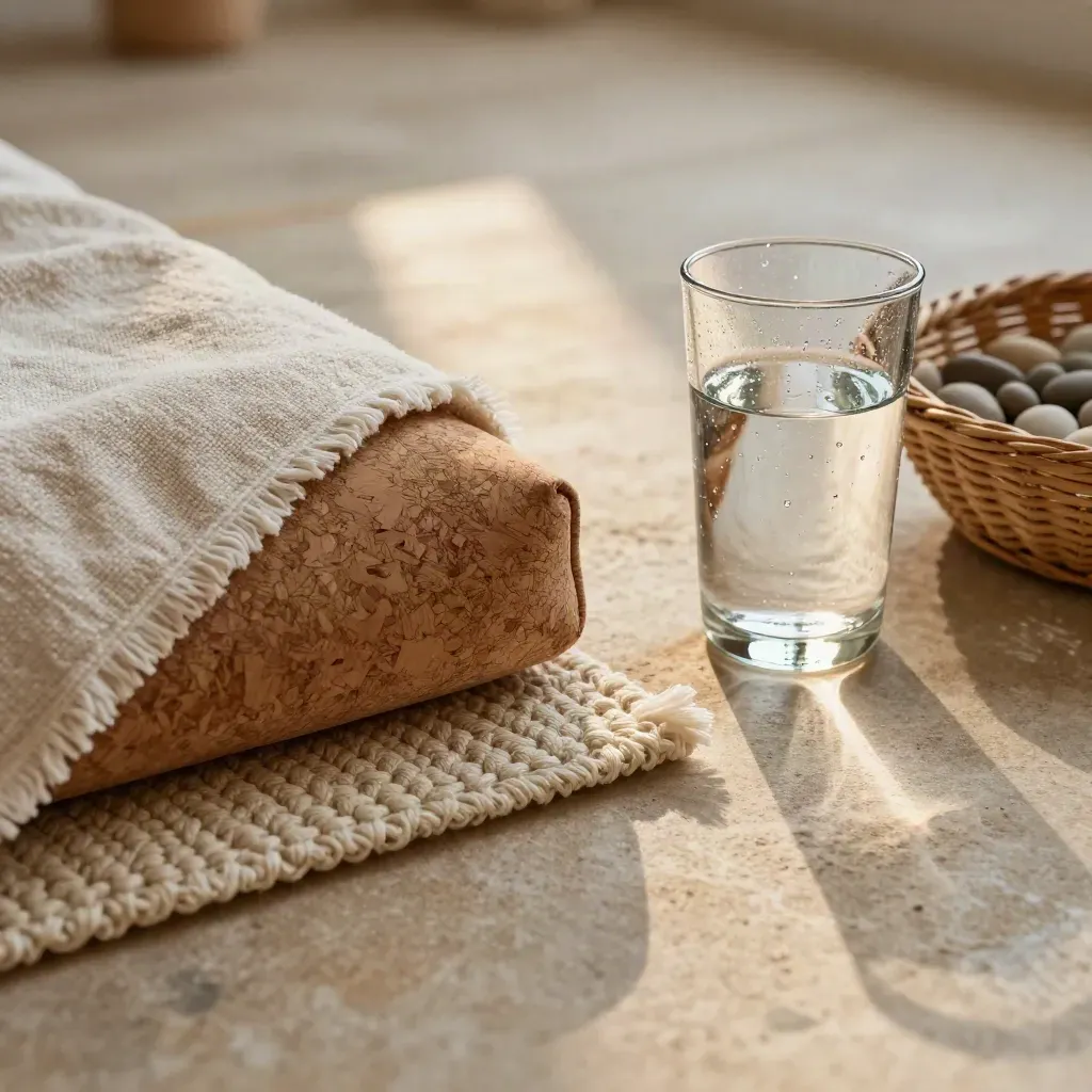 Gros plan d’un atelier anti-stress avec tapis, coussin, verre d’eau et panier de galets.
