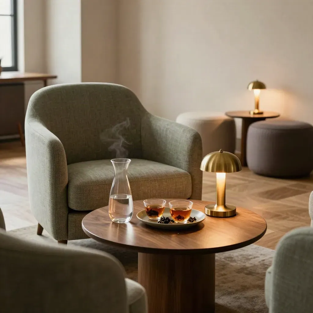 Coin pause apaisé avec fauteuil, carafe, tisanes et lampe douce dans un bureau réorganisé.