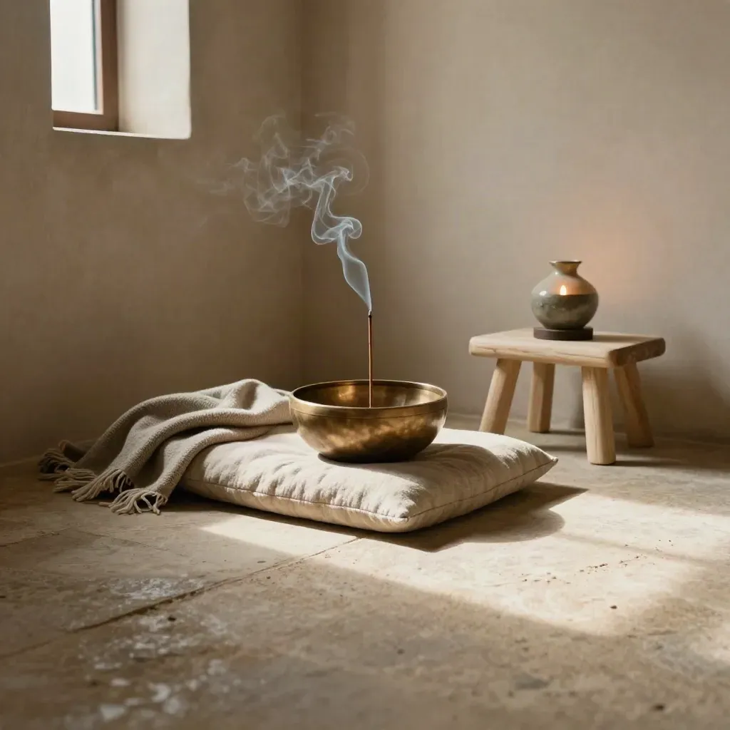 Coin de méditation guidée avec bol chantant, encens et coussin bas dans une lumière feutrée.