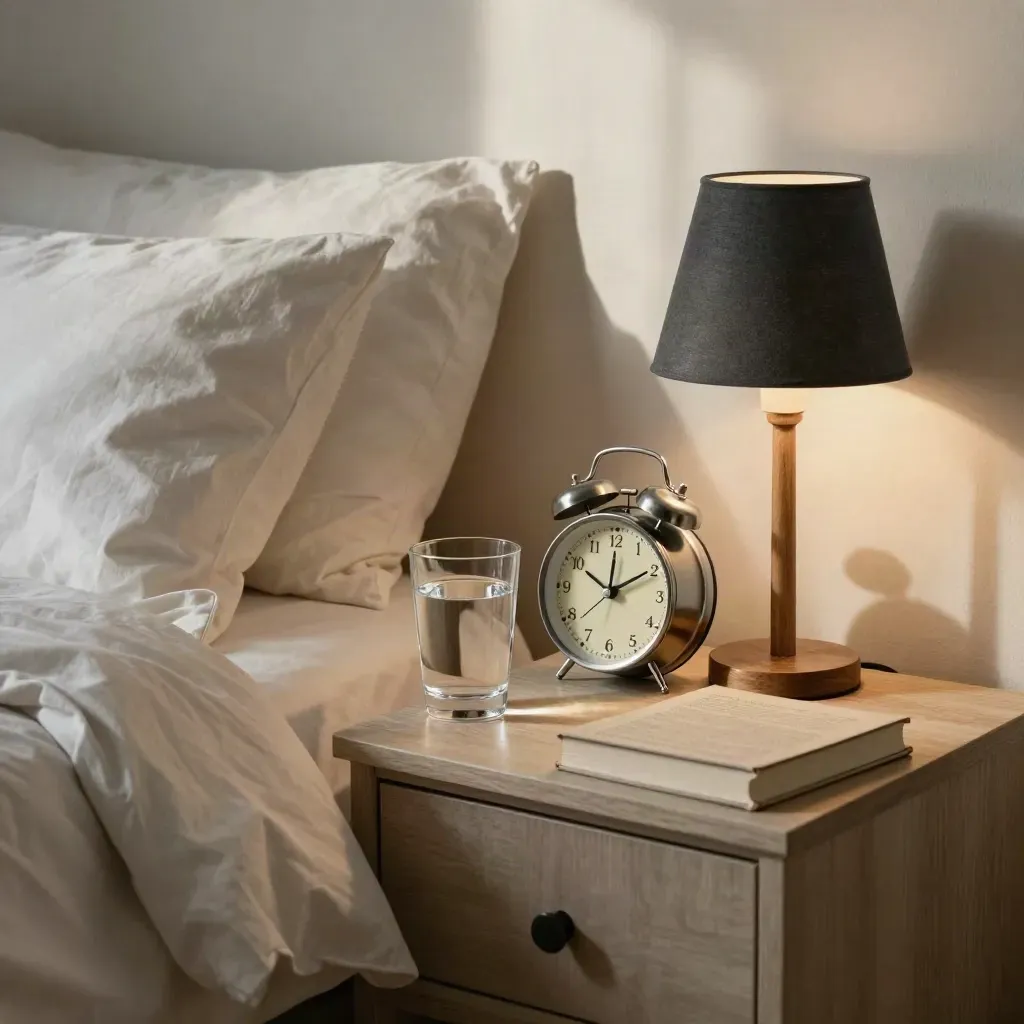 Coin nuit apaisé avec réveil, verre d’eau, lampe basse et livre fermé sur lit en lin.