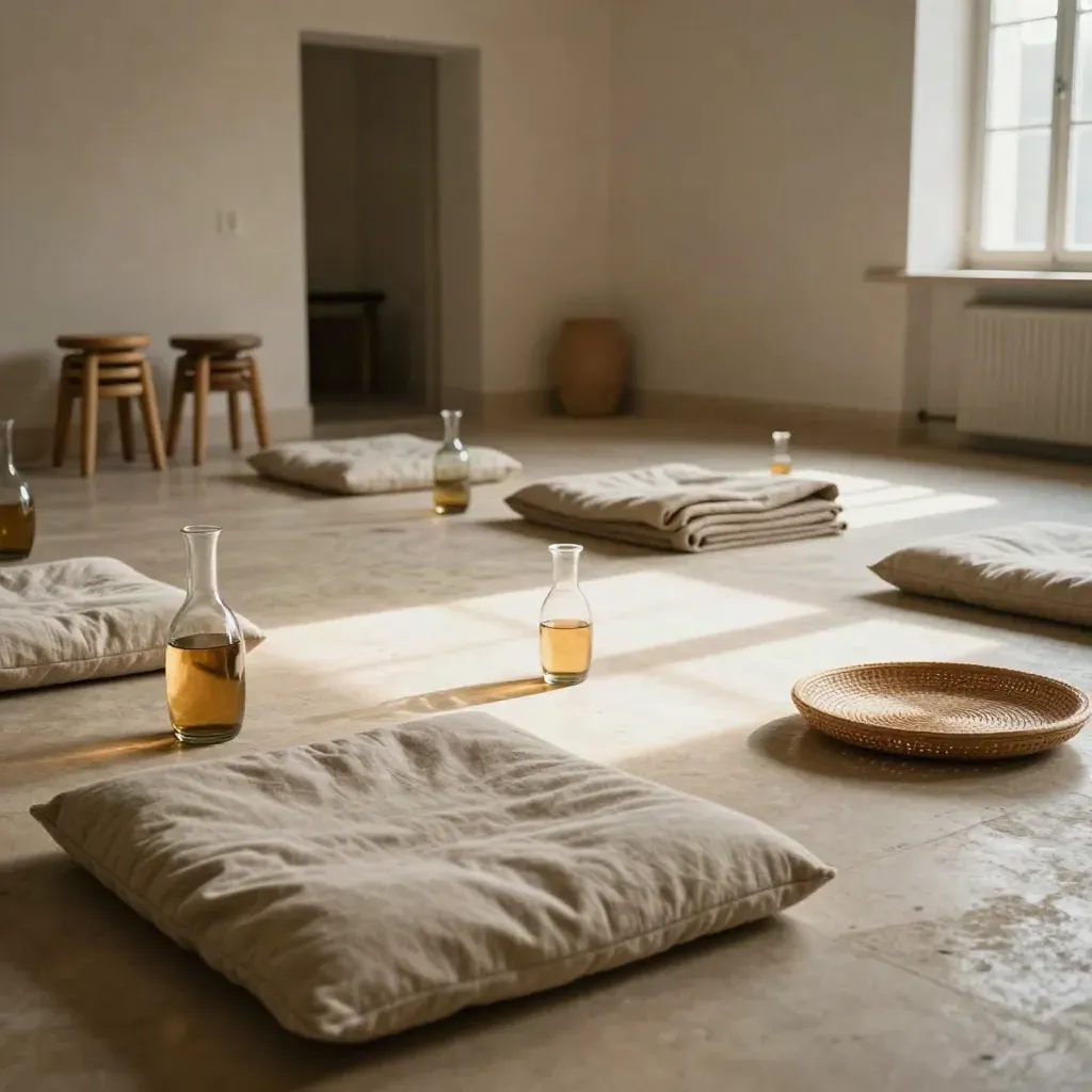 Salle de cabinet prête pour un atelier, coussins, tabourets, carafes et couvertures dans une lumière douce.