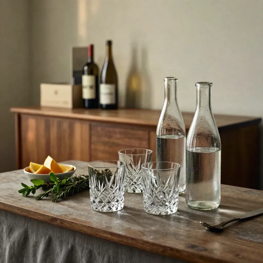 Bar domestique sobre avec verres taillés, eau pétillante, agrumes et herbes sur un buffet en bois.