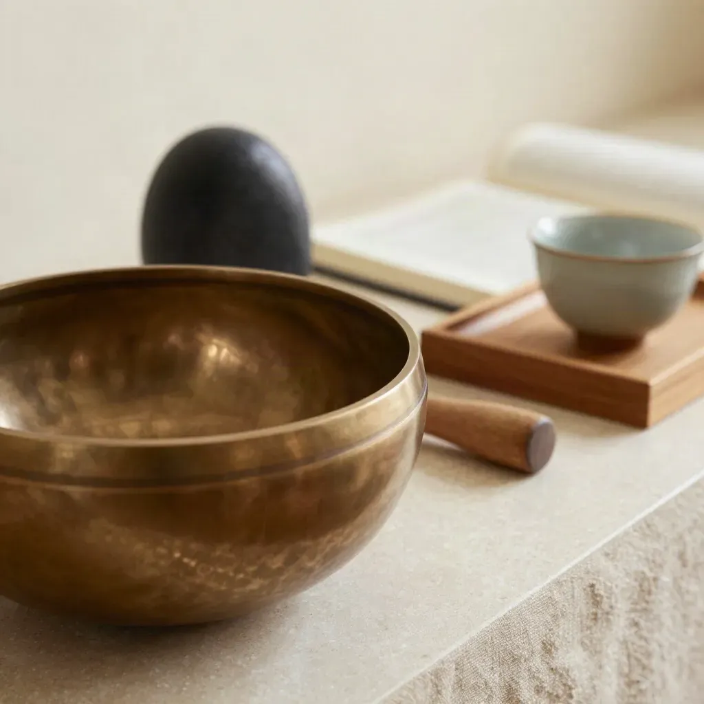 Bol chantant en bronze, pierre noire, journal en lin et tasse de thé sur plateau d’orme.