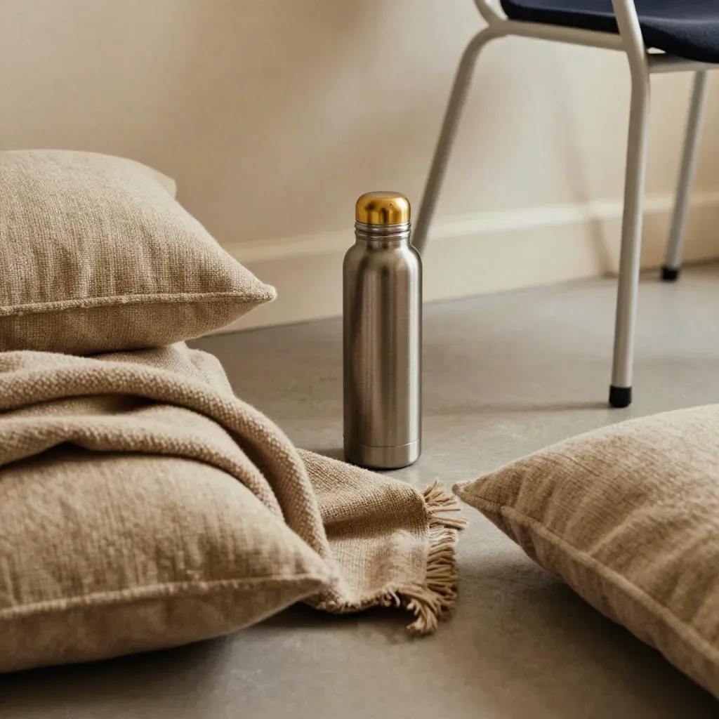 Coin de pause de séminaire avec coussins, couverture, thermos et chaises contre le mur.