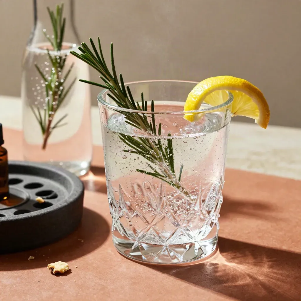 Verre taillé d’eau pétillante, citron et romarin sur plateau d’infusion.