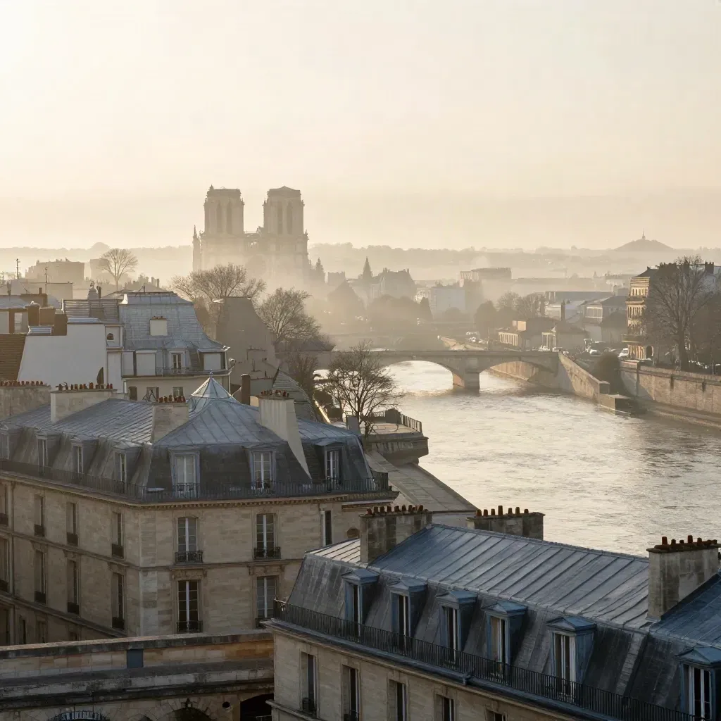 Paris à l’aube dans la brume, Seine et toits de zinc, cathédrale lointaine.
