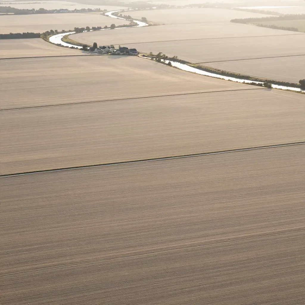 Patchwork aérien de champs pâles et rivières lentes sous une brume douce.