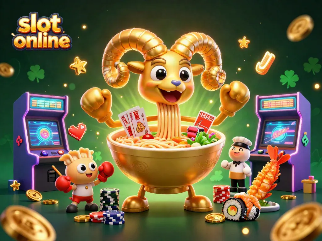 Engage with slot online excitement through a cartoon ramen bowl dealer surrounded by game elements.