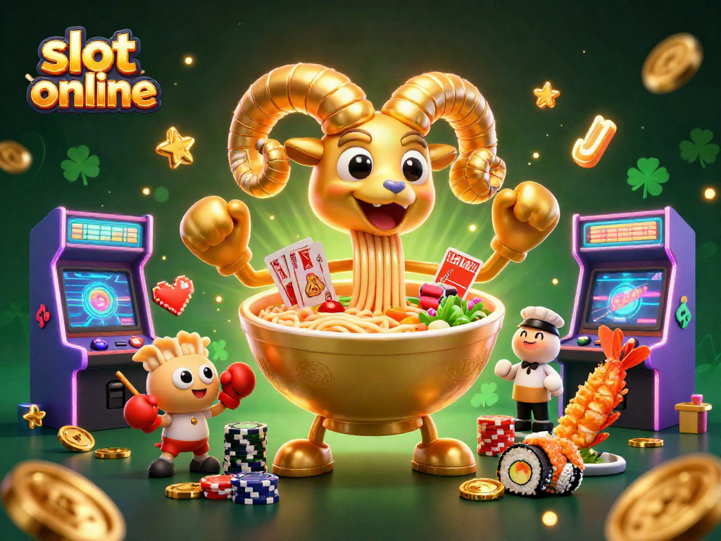 Engage with slot online excitement through a cartoon ramen bowl dealer surrounded by game elements.
