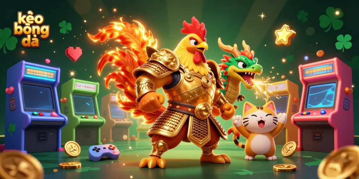 Bet on kèo bóng đá with exciting visuals of a fighting rooster and dragon, bursting with gaming elements.