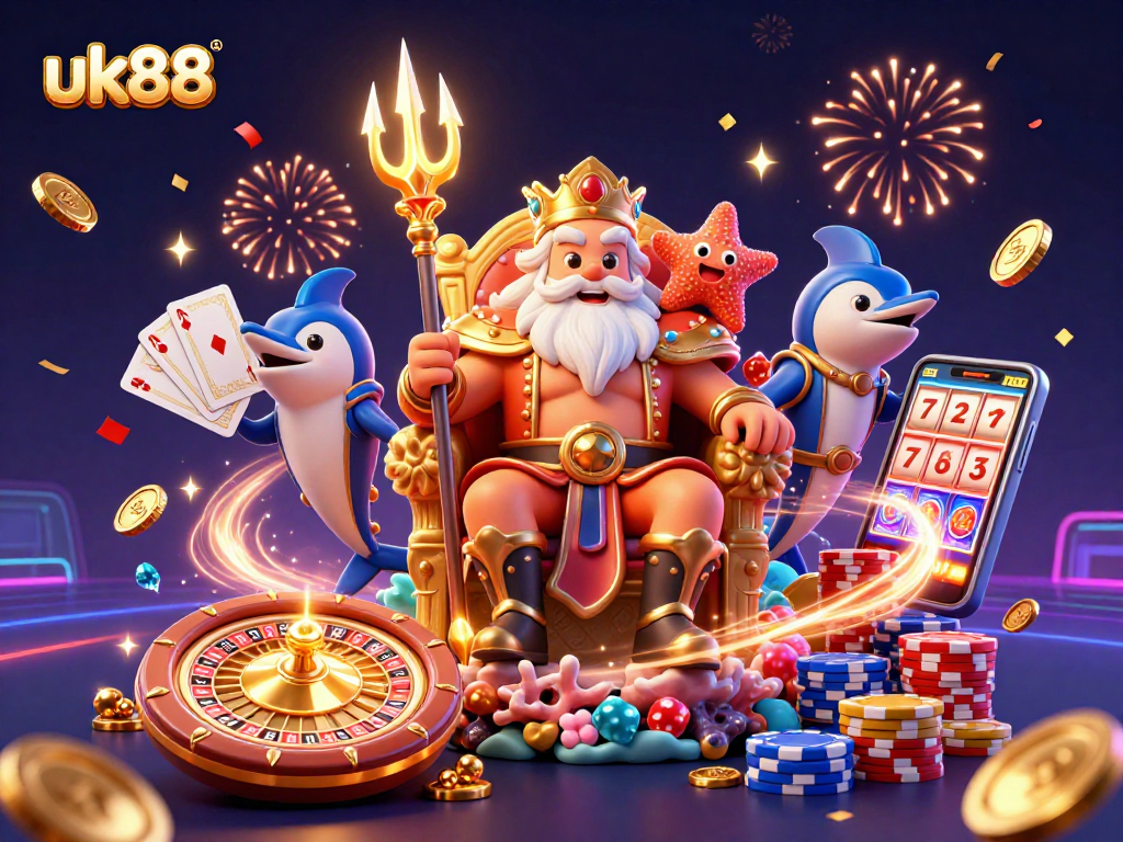 Experience the excitement of uk88 with sparkling gems and golden coins swirling around Neptune, symbolizing thrilling gameplay.