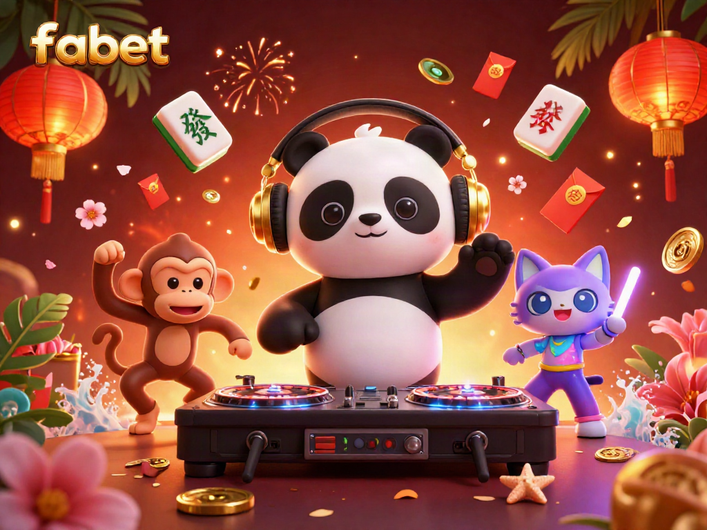 Experience fabet's vibrant casino atmosphere with a lively DJ panda, dancing monkey, and rave kitten.