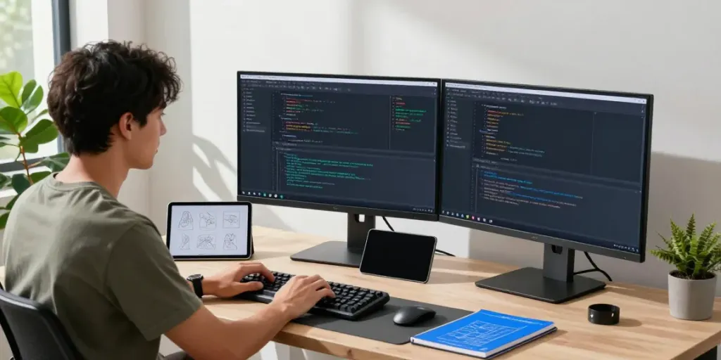 Developer using uncensored AI chat tools in a vibrant tech workspace