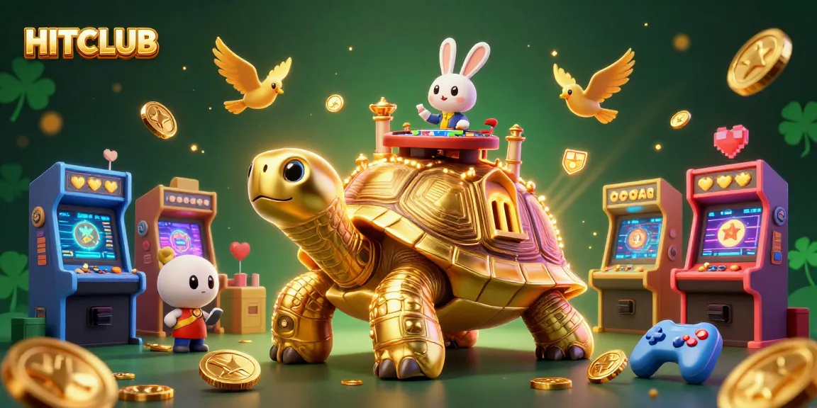Engage with HITCLUB's golden tortoise casino wonderland featuring a rabbit dealer and flying coins.