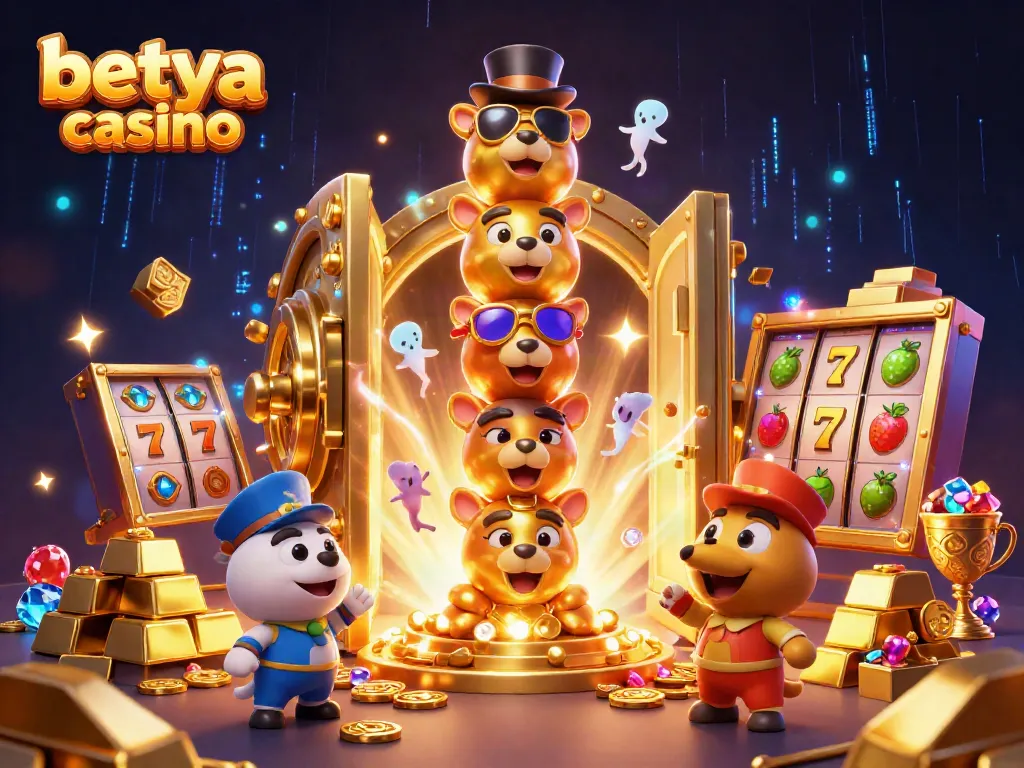 Experience the excitement at betya casino with vibrant slots and animated characters amidst treasure and jewels.